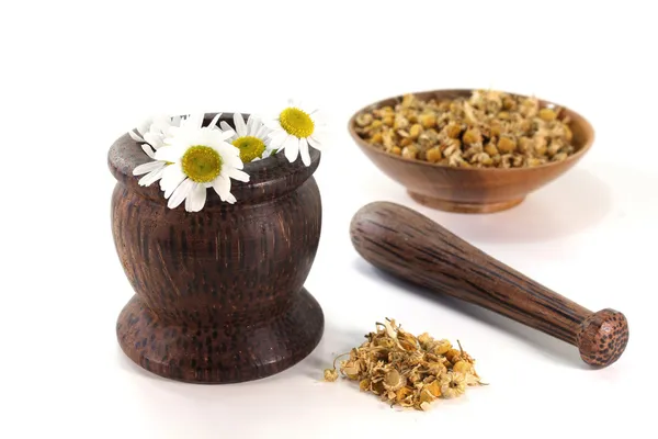 Chamomile flowers with mortar — Stock Photo, Image