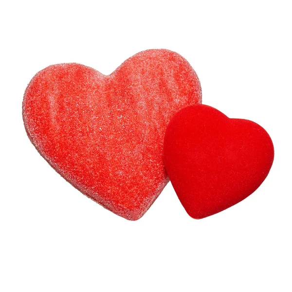 Два красных валентинки сердца изолированы на белом . — стоковое фото