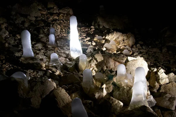 Pole ledových stalagmitů v jeskyni. — Stock fotografie