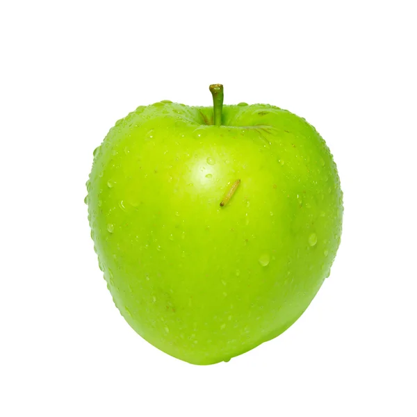 Зеленое яблоко с гусеницей изолированы на белом . — стоковое фото