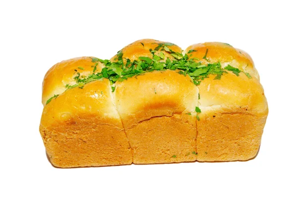 Golden fresh bread with greens isolated on white. — Stock Photo, Image