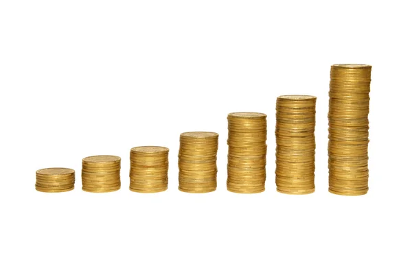 Treppe zum Reichtum an Goldmünzen isoliert auf Weiß. — Stockfoto