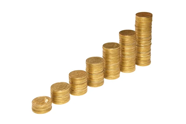 Stair to wealth of golden coins isolated on white. — Stock Photo, Image