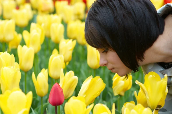 Menina bonita com tulipas — Fotografia de Stock