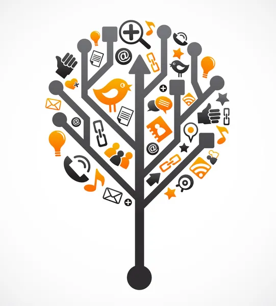 Baum des sozialen Netzwerks mit Mediensymbolen — Stockvektor
