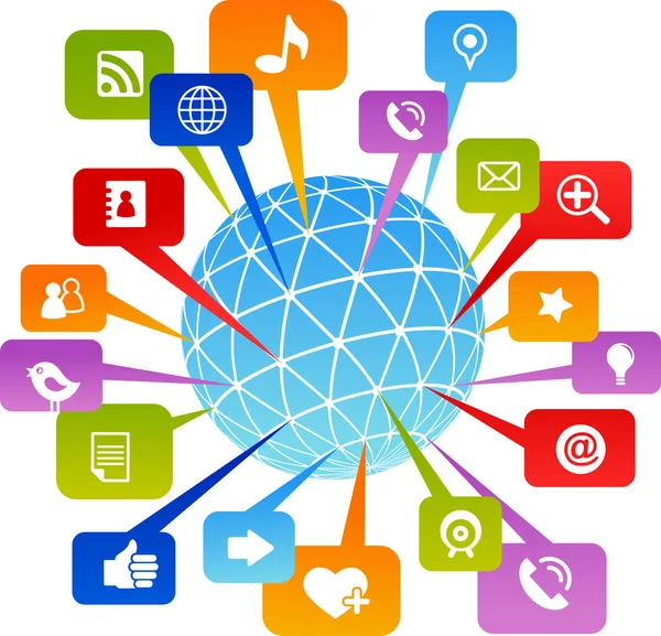 Mundo de redes sociais com ícones de mídia — Vetor de Stock