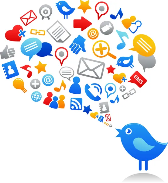 Uccello blu con icone dei social media — Vettoriale Stock