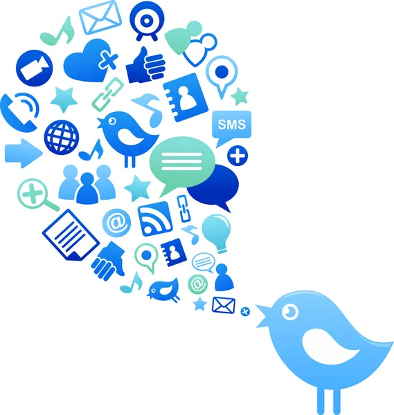 Mavi kuş ile Sosyal Medya simgeler — Stok Vektör