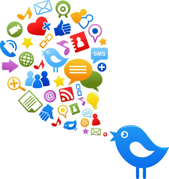 Γαλάζιο πουλί με τα εικονίδια των κοινωνικών μέσων μαζικής ενημέρωσης — Διανυσματικό Αρχείο
