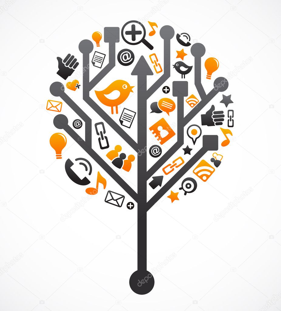 Social network tree with media icons