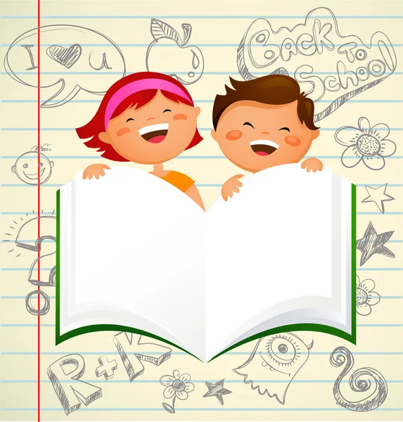 Retour à l'école - enfants avec un livre ouvert — Image vectorielle