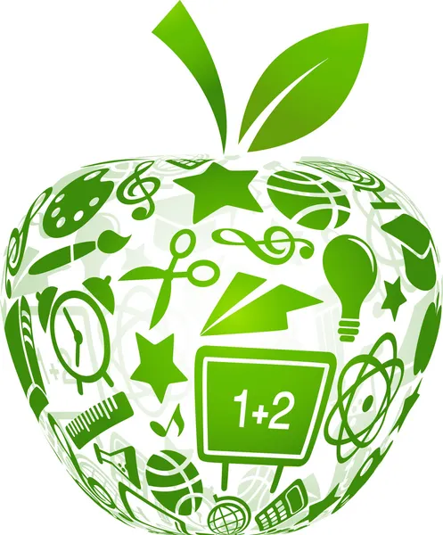 Zurück zur Schule - Apfel mit Bildungsikonen — Stockvektor