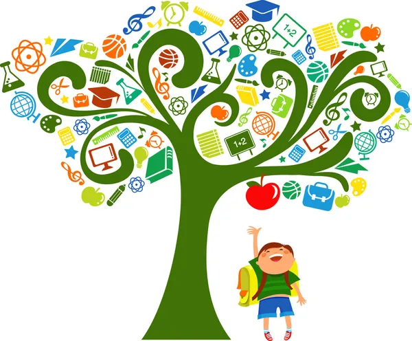 Ritorno a scuola - albero con icone dell'educazione Illustrazioni Stock Royalty Free
