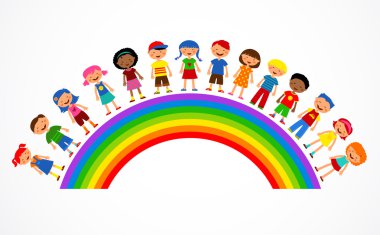 Rainbow with kids, colorful vector illustration