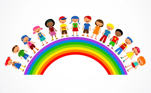 Arco iris con niños, ilustración vectorial colorido — Vector de stock