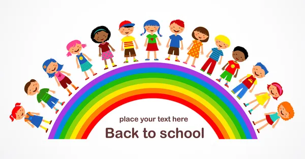 Regenboog met kinderen, kleurrijke vectorillustratie — Stockvector