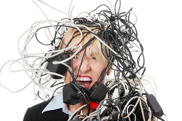 Madura mujer de negocios gritando en cables . — Foto de Stock