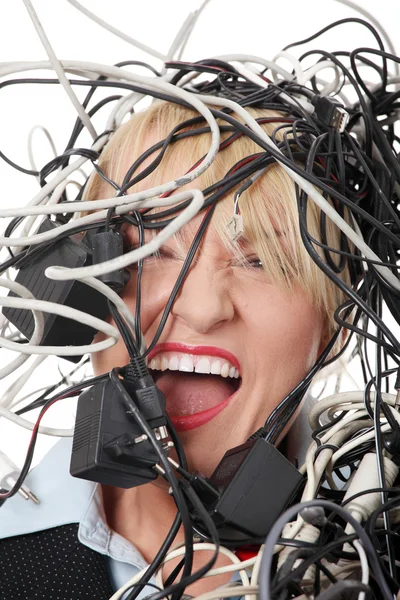 Madura mujer de negocios gritando en cables . —  Fotos de Stock
