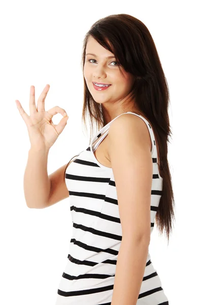 Beautiful young success woman giving perfect gesture — Stock Photo, Image