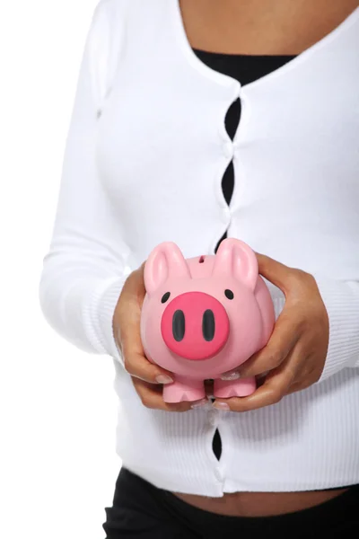 Pregnant woman holding piggy bank — Stock Photo, Image