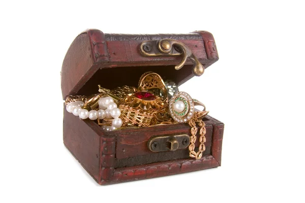 Brown chest with treasures — Stock Photo, Image