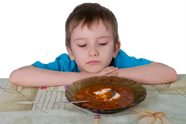 Menino se recusa a comer sopa — Fotografia de Stock