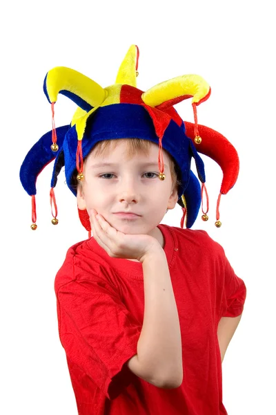 Vicces fiú a bohóc kalapot — Stock Fotó