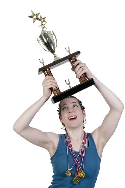 Mulher com troféu — Fotografia de Stock