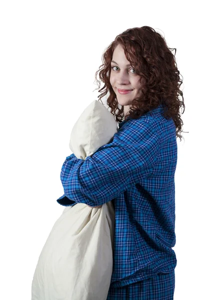 Γυναίκα αγκαλιάζει μαξιλάρι — Φωτογραφία Αρχείου