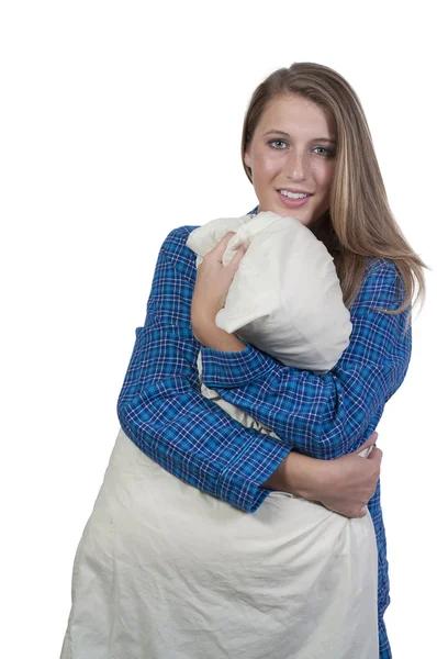 女人抱枕头 — 图库照片