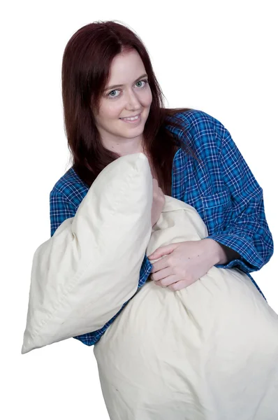Donna che abbraccia cuscino — Foto Stock