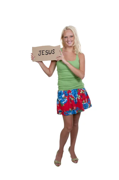 Mujer sosteniendo el signo de Jesús —  Fotos de Stock
