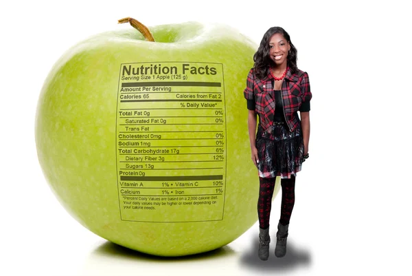 African American Teenager Apple Nutrition Facts — Stock Photo, Image