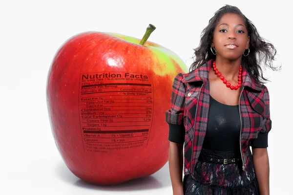 African American Teenager Apple Nutrition Facts — Stock Photo, Image