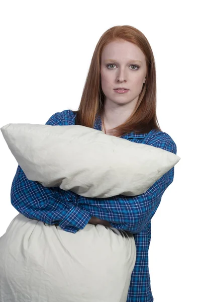 Mujer abrazando almohada — Foto de Stock