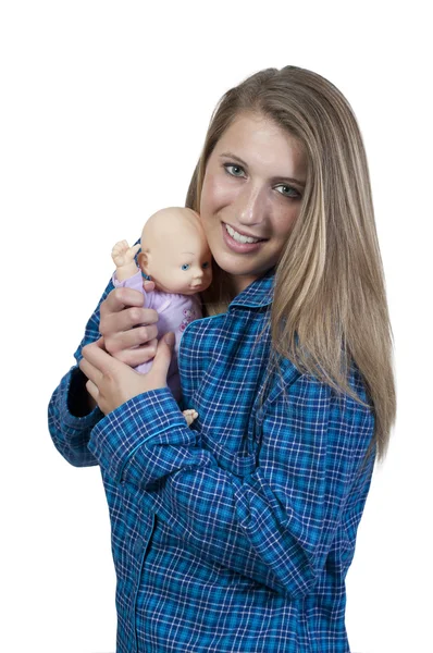 Mulher bonita e boneca bebê — Fotografia de Stock