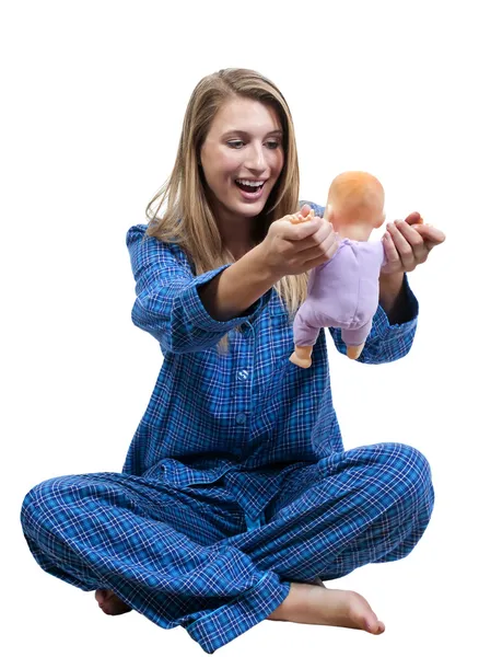 Mulher bonita e boneca bebê — Fotografia de Stock
