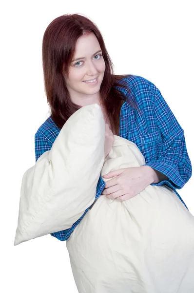 Mulher abraçando travesseiro — Fotografia de Stock