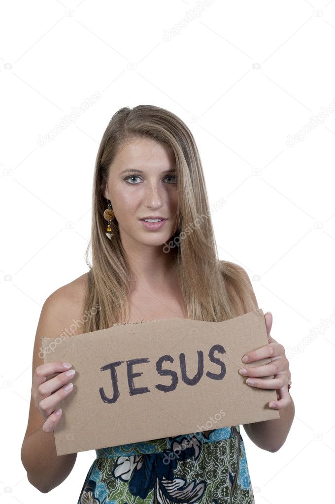 Woman Holding Jesus Sign