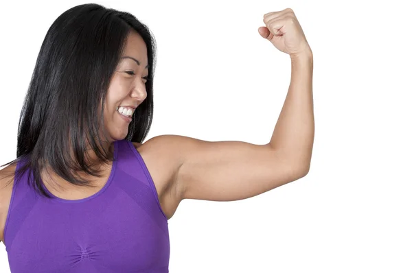 Asiatico donna flessione il suo muscoli — Foto Stock