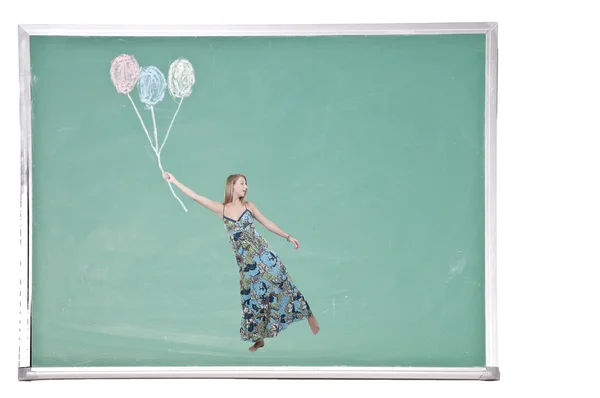 Žena s křídou balónky-plovoucí — Stock fotografie