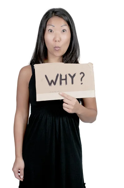 Kobieta trzymająca znak "Dlaczego" — Zdjęcie stockowe