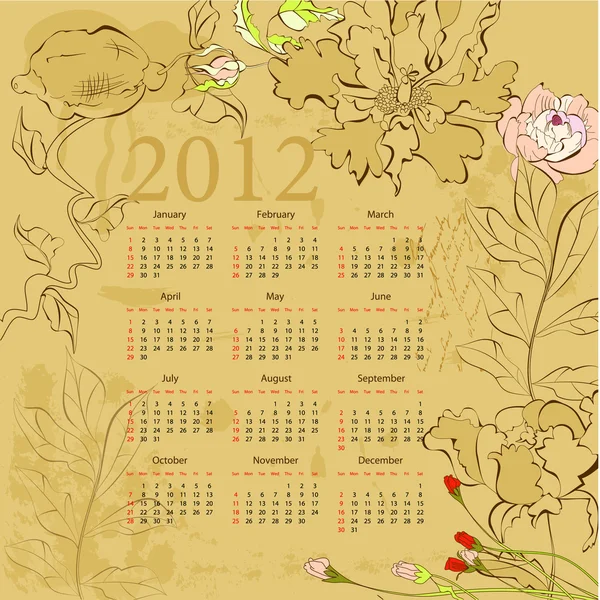 Vintage template for calendar 2012 with flowers — Stock Vector