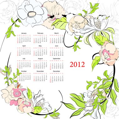 Template for calendar 2012 with flowers clipart