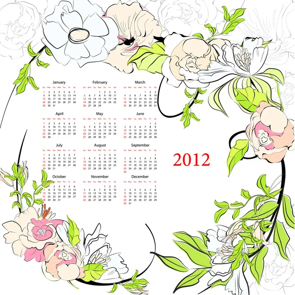 Modello per calendario il 2012 con fiori — Vettoriale Stock