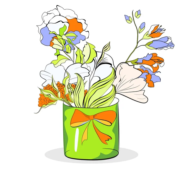 Kbelík s květy na bílém pozadí — Stockový vektor