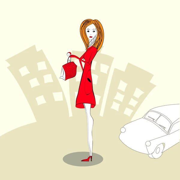 Egy piros ruhás nő. — Stock Vector
