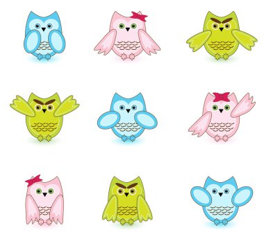 Set of vector cute wise owls on white background clipart