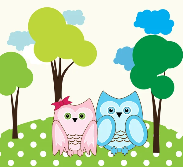 Vector cute wise owls fallen in love — Stock Vector