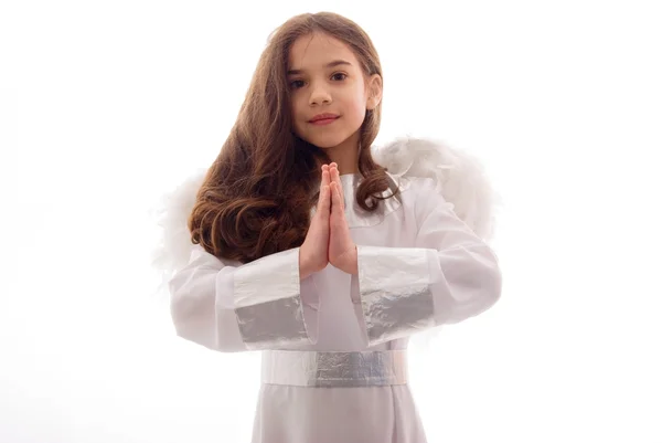Little Angel Praying Gratefully Over White Background — Stock Photo, Image